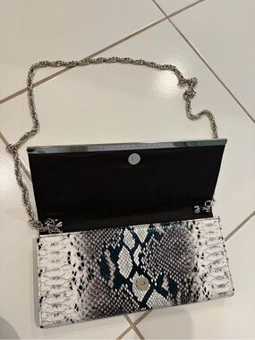 White House Black Market Black & White Snake-Print Chain Clutch